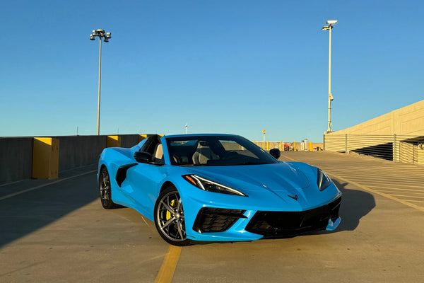 2021 Corvette C8 Spyder - Corvette Rental Tampa - three quarter front - blue corvette c8-spyder