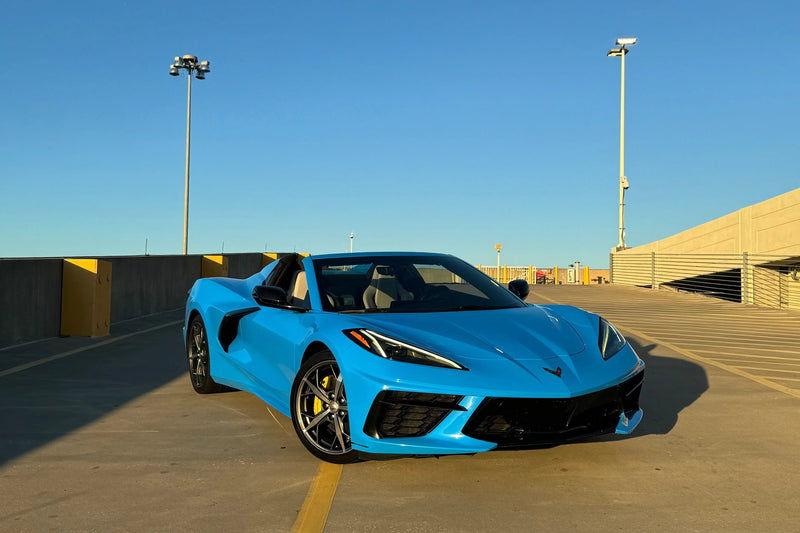 2021 Corvette C8 Spyder - Corvette Rental Tampa - three quarter front - blue corvette c8-spyder