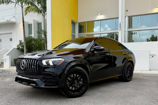 2023 Mercedes GLE53 Black on red - three quarter front - black mercedes gle53
