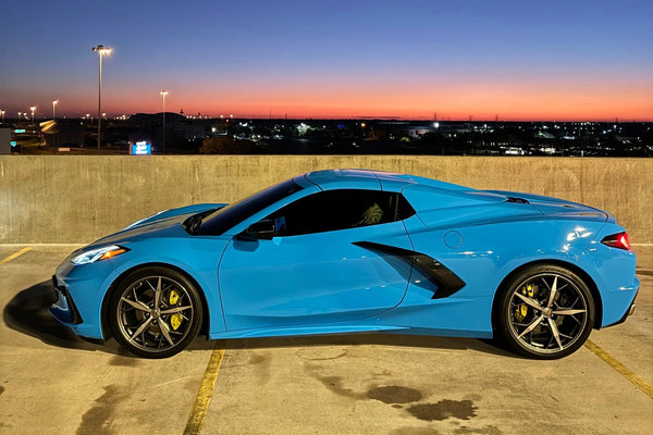 2021 Corvette C8 Spyder - Corvette Rental Tampa - side - blue corvette c8