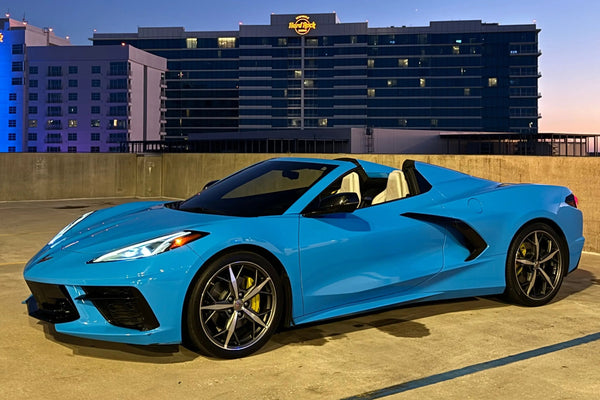 2021 Corvette C8 Spyder - Corvette Rental Tampa - three quarter front - blue corvette c8-spyder