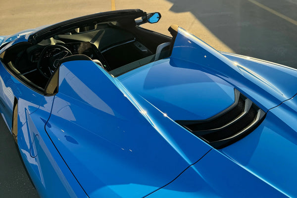 2021 Corvette C8 Spyder - Corvette Rental Tampa - three quarter front - blue corvette c8