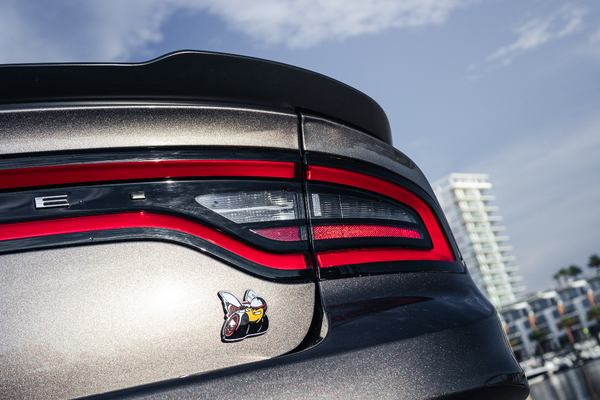 Car tail light with red and black design against a blue sky