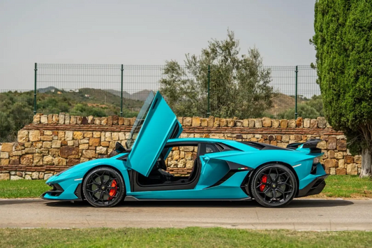 Turquoise sports car with open door on a road with trees and stone wall in the background