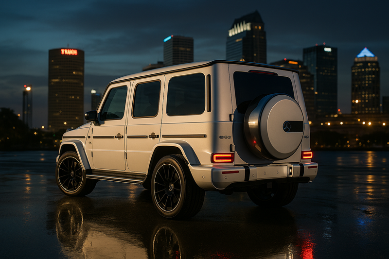 2020 Mercedes-AMG G63 White Rear View Downtown Tampa - G-Wagon Rental | Exotics by the Bay